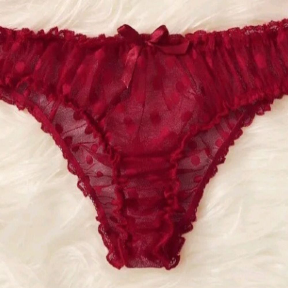 Red Polka Dot Lingerie Set • Mesh Bikini Style Lingerie Outfit - Picture 4 of 11